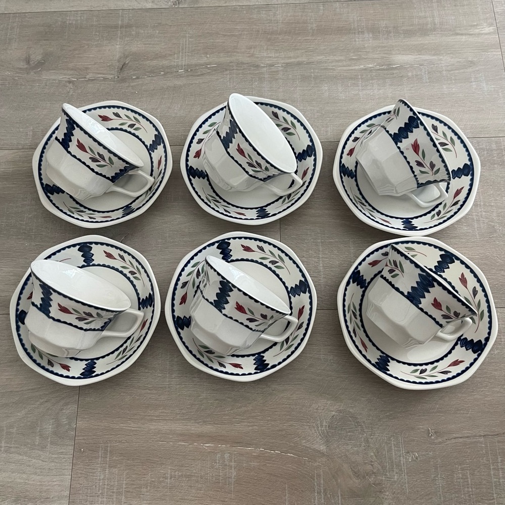 Vintage Adams Lancaster, set of 6 tea cups and 6 high side saucers